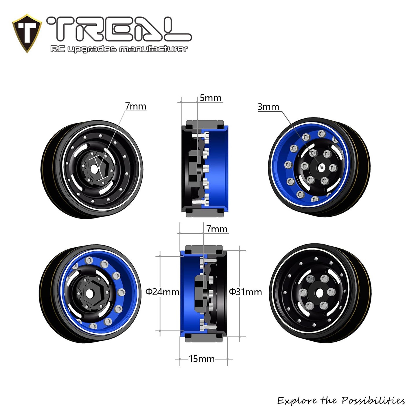Treal 1.0 Beadlock Wheels Deep Dish Rims (4P) For Scx24 Ax24 Fcx24 Trx4M 1/24 1/18 Crawler Car-Type F(Black)