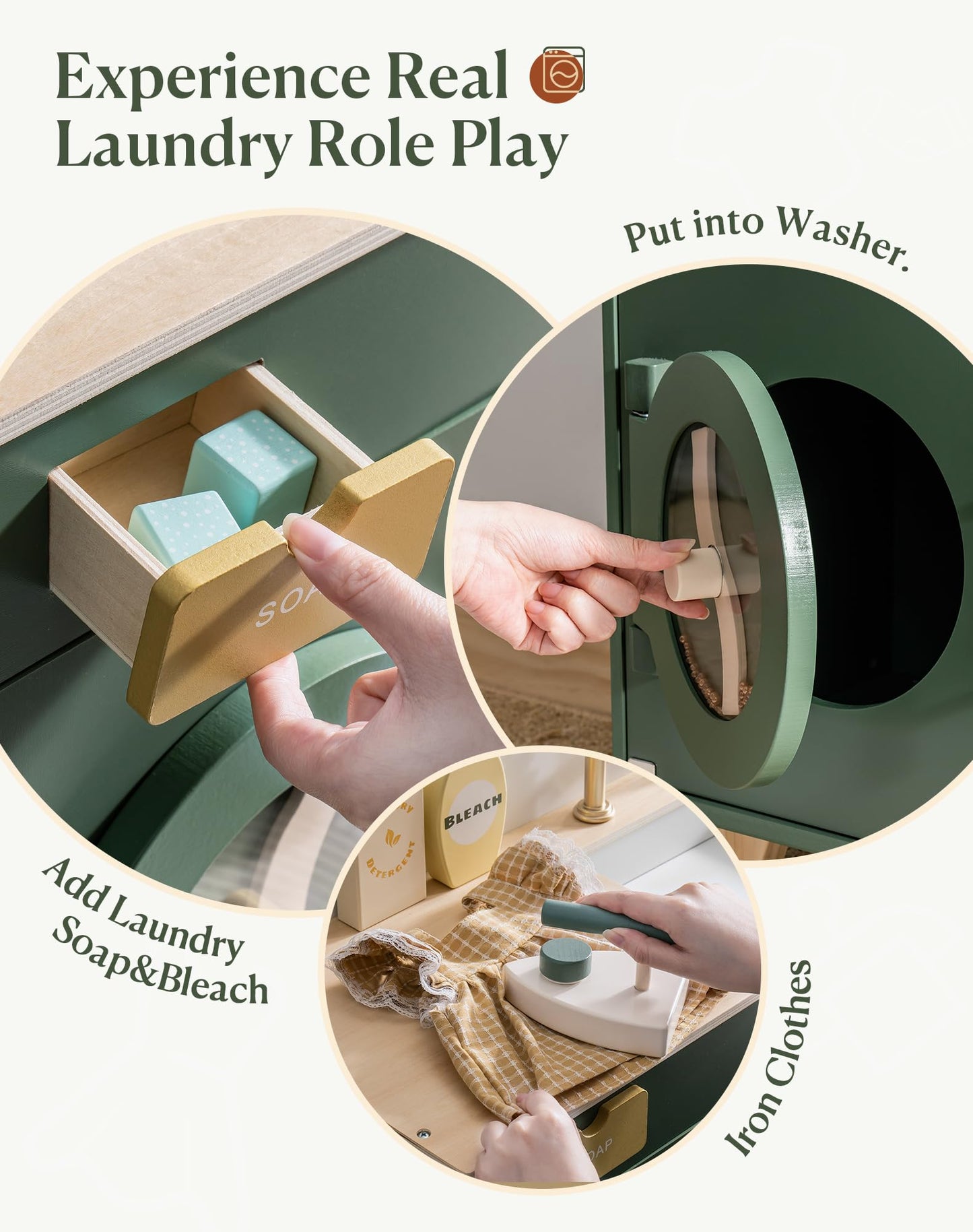 Robotime Play Kitchen Set- Wooden Toy Washing Machine, Kids Washer And Dryer For Kids Kitchen Playset With Realist Sound/Iron, P
