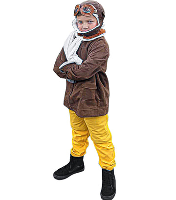 Pilot Aviator Costume Kids Coat Pants Hat Scarf Girl Boy Party Cosplay 9-10 Years Brown