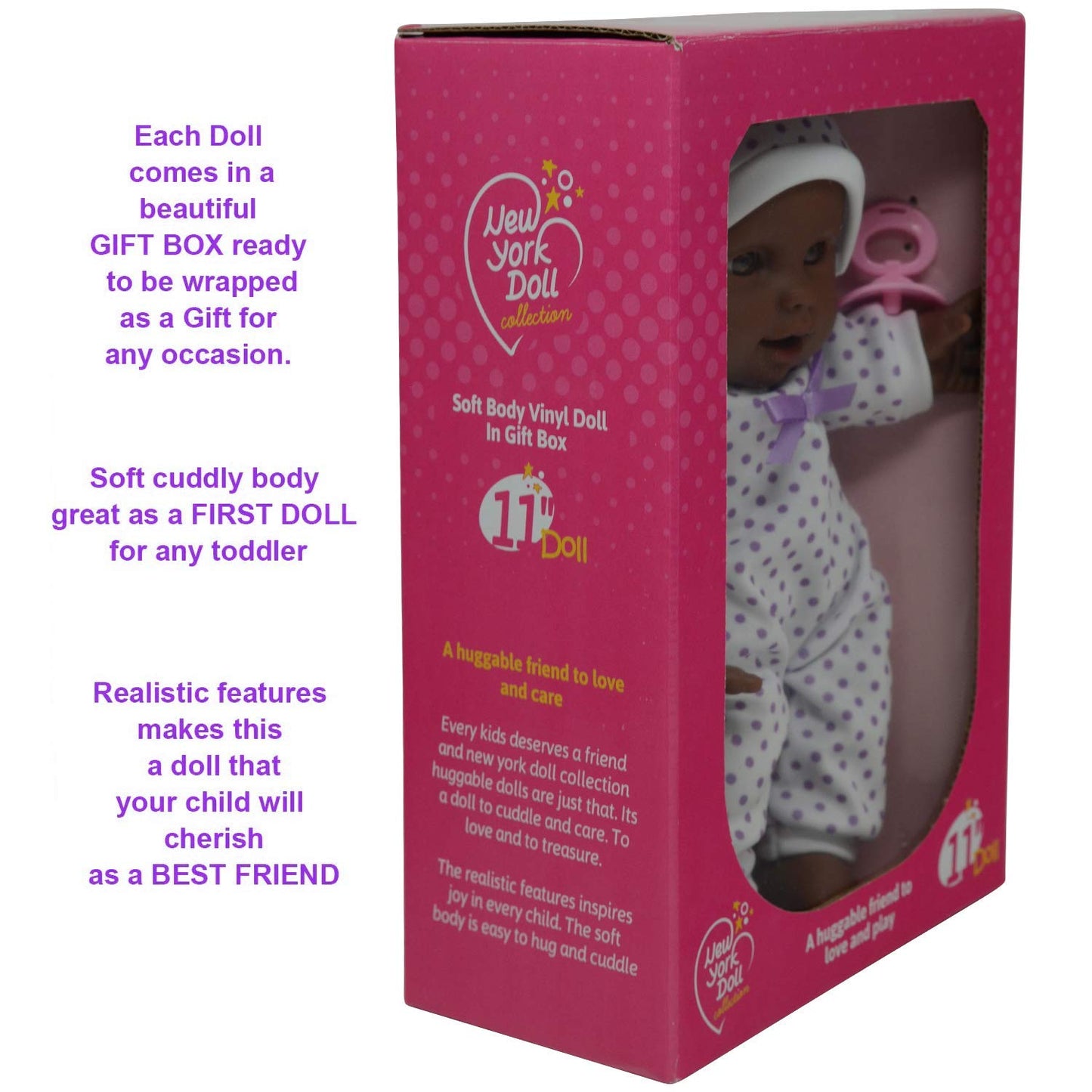 11 Inch Soft Body African American Newborn Baby Doll In Gift Box - Doll Pacifier Included