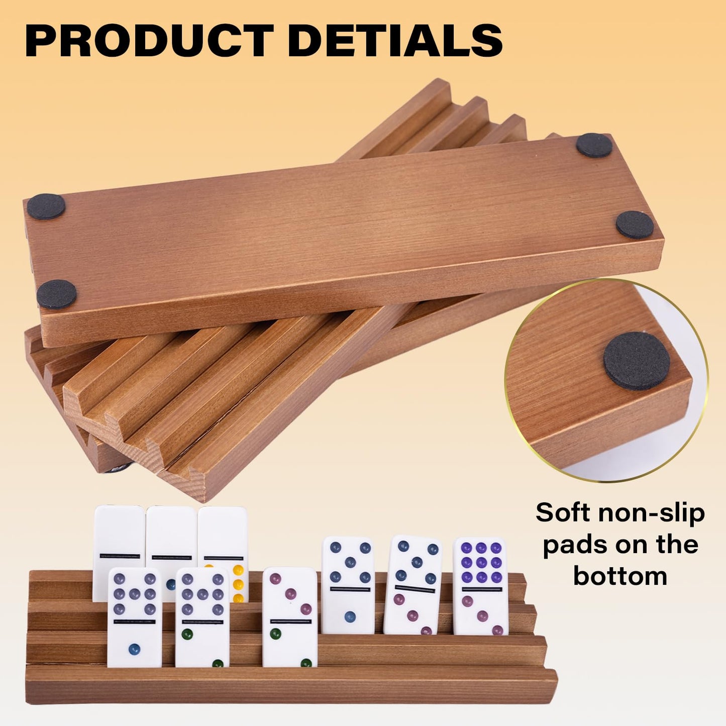 Wooden Domino Racks Set Of 4 Pcs, Wood Domino Tiles Trays, Domino Holders Organizer For Mexican Train And Other Domino Games-Dom