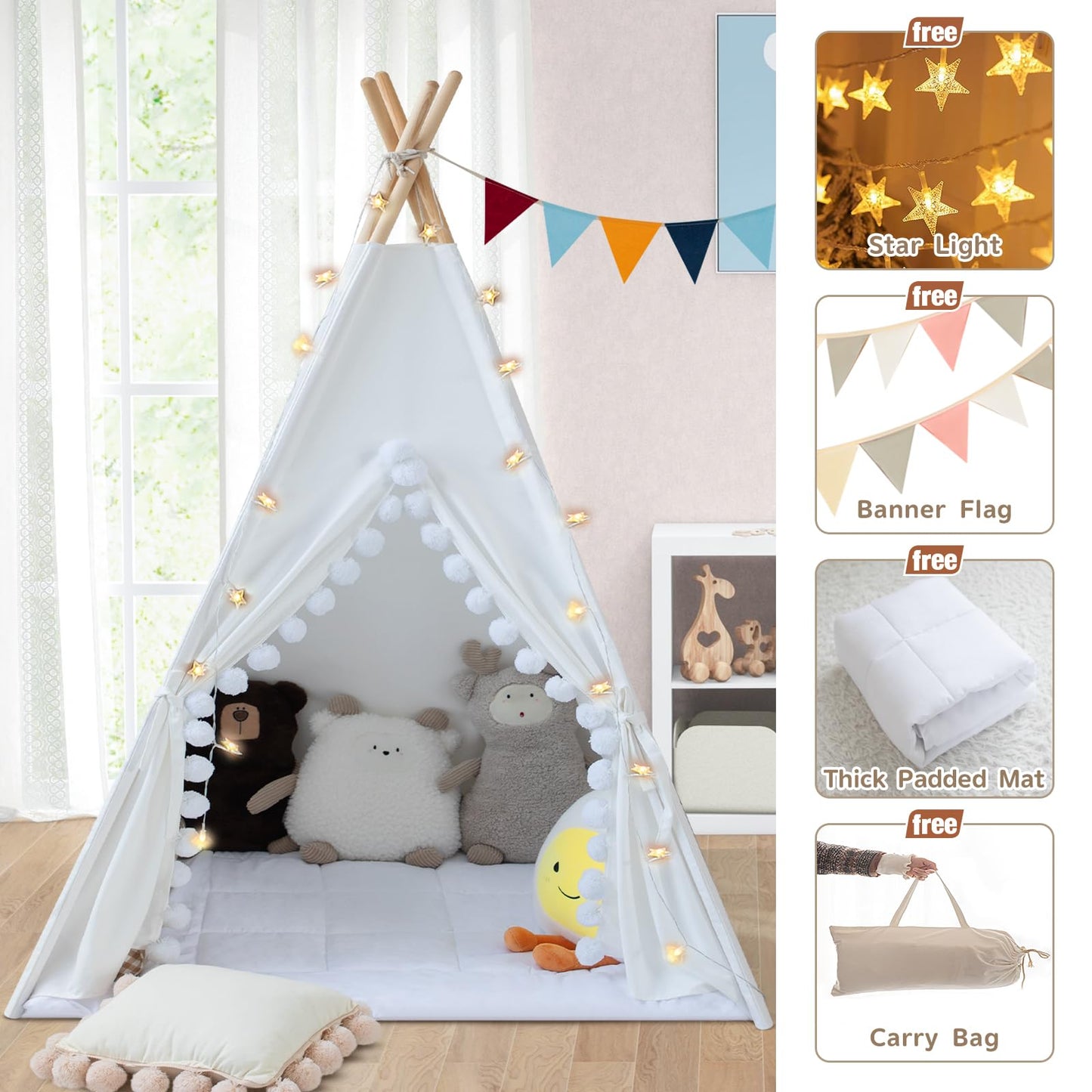 Wirhao Teepee Tent For Kids With Padded Mat Cotton Canvas Kids Teepee With Pompom For Toddlers Indoor Play Tent For Girls Boys W