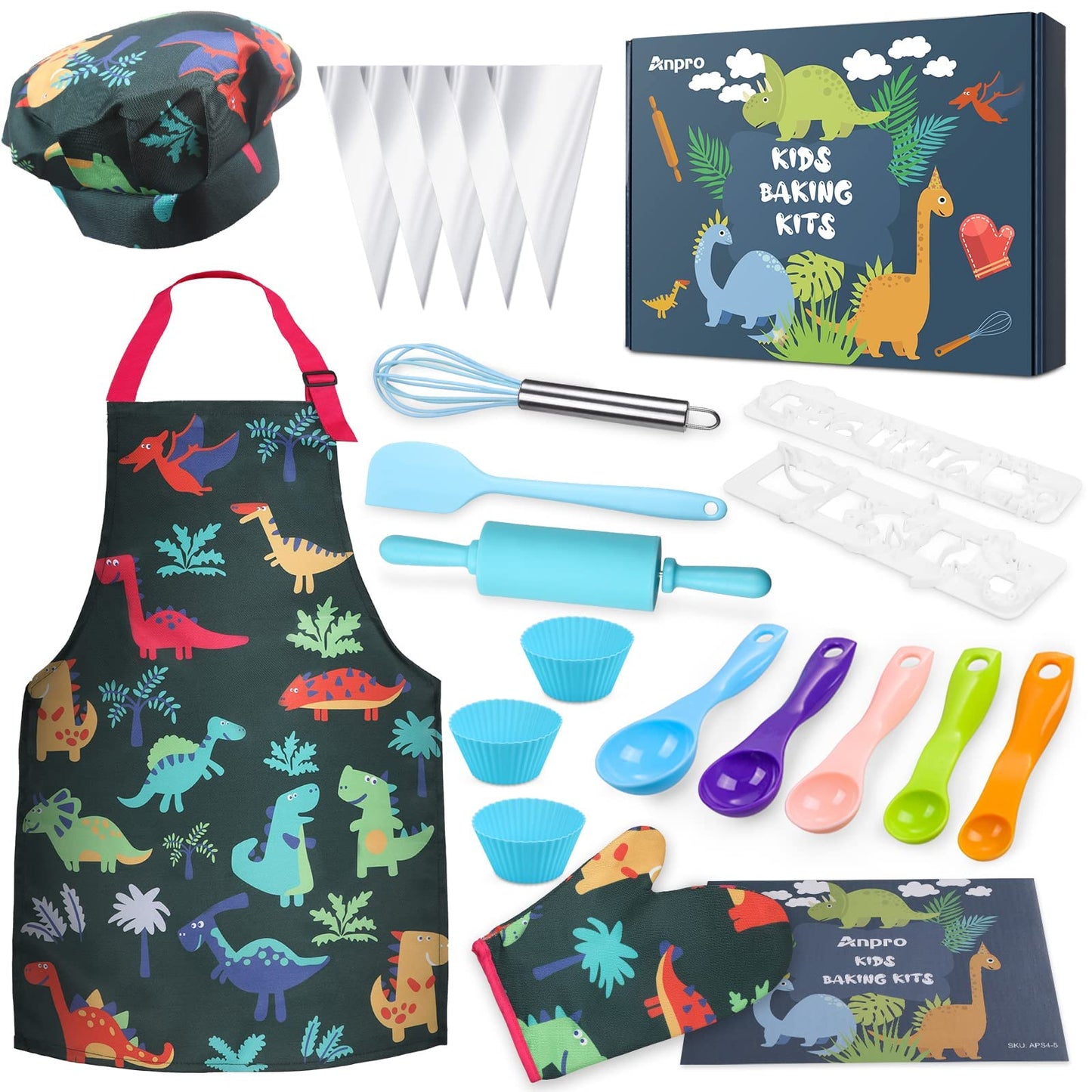 Anpro Complete Kids Cooking and Baking Set - 27 Pcs Includes Aprons for Girls, Chef Hat, Mitt & Utensil to Dress Up Chef Costume