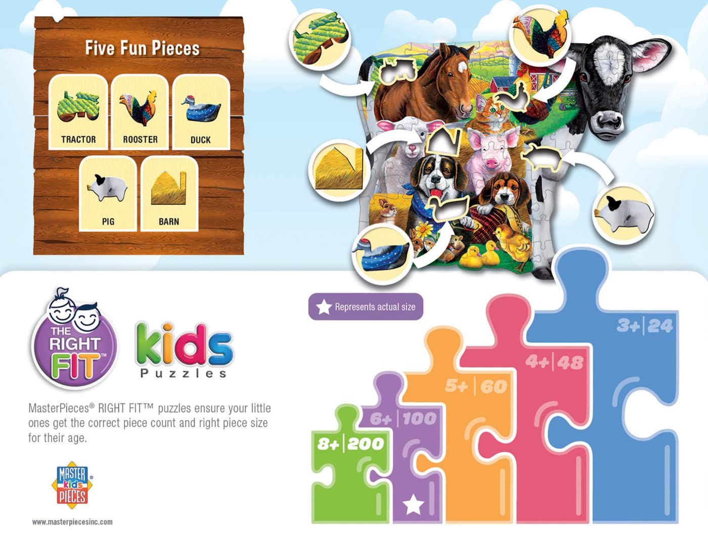 Masterpieces 100 Piece Shaped Jigsaw Puzzle For Kids - Farm Friends - 14''X19''