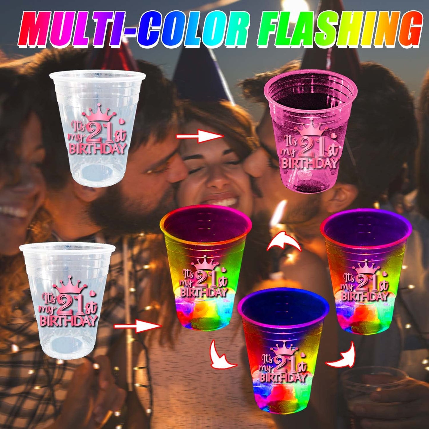 24 Pcs Glow Pink 21St Birthday Party Cups,Happy 21St Birthday Cups For Her,Pink Birthday Party For Finally Legal Decorations,Hap