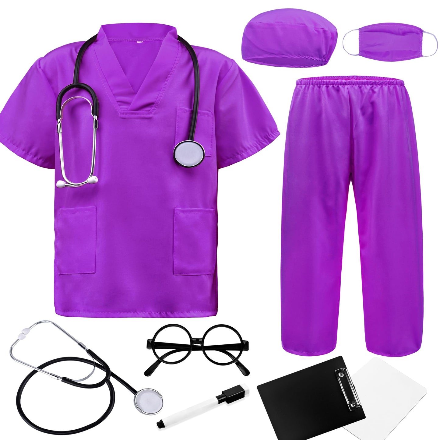 Zzihan Doctor Costume For Kids Purple Scrubs Sets Nurse Scrubs Costume Veterinarian Costume Doctor Coat Accessories Toys Stethos