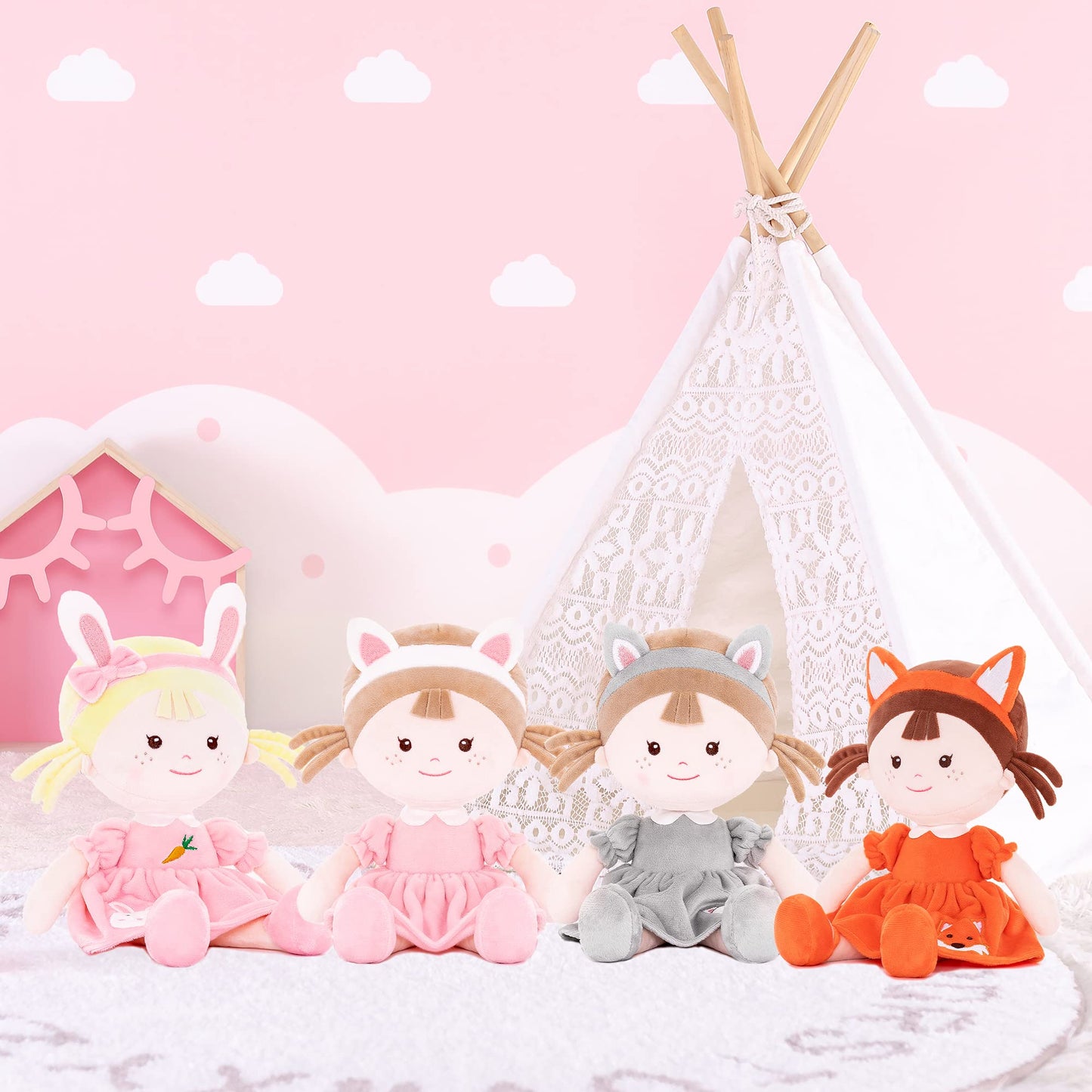 Onetoo Bunny Doll Plush Baby Doll Rag Doll Rabbit Doll First Baby Doll Soft Baby Girls Doll Wear Bunny Costume Pink Dress14