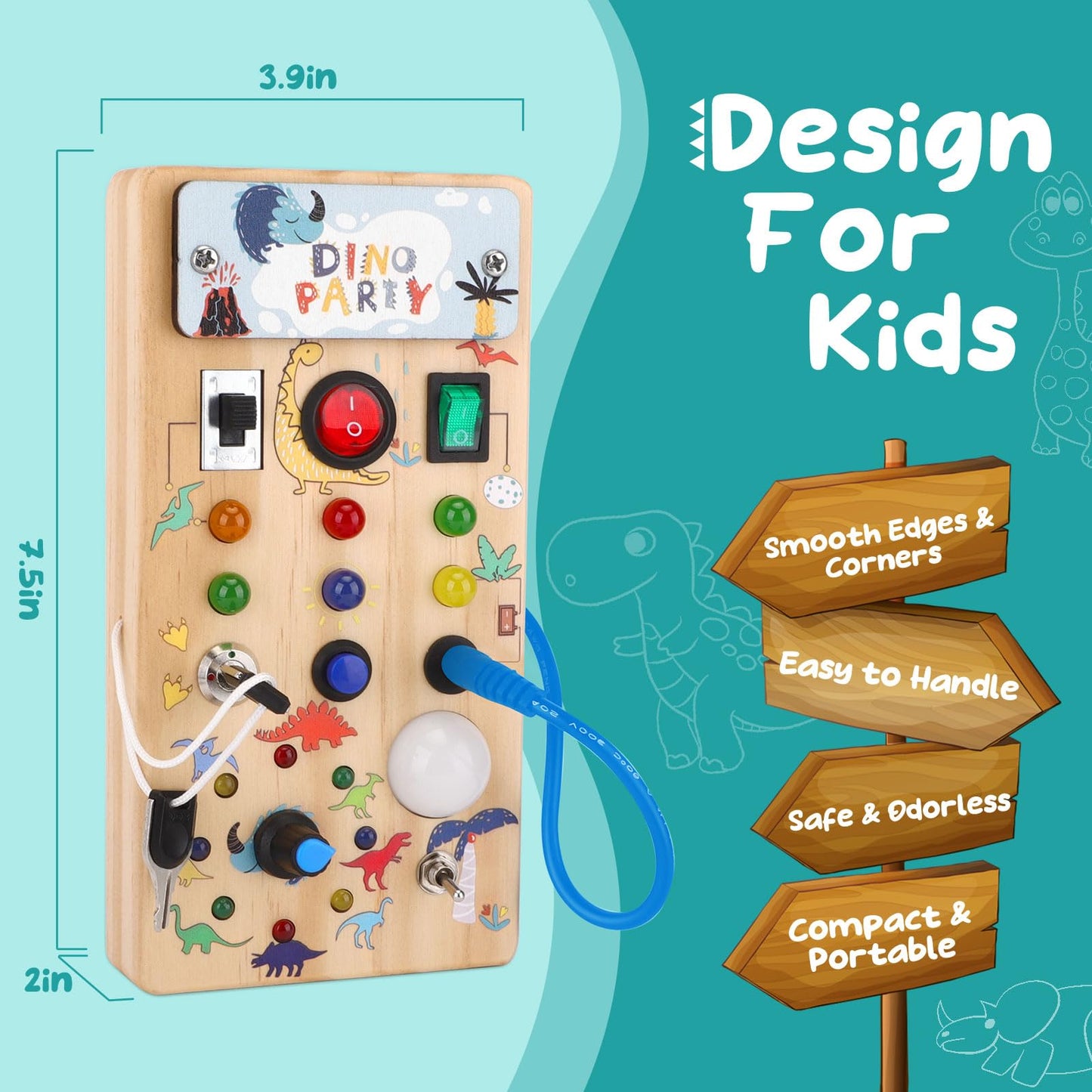 Dinosaur Light Switch Board - 8 Led Switches, Sensory Montessori Toy For 1+ Year Olds