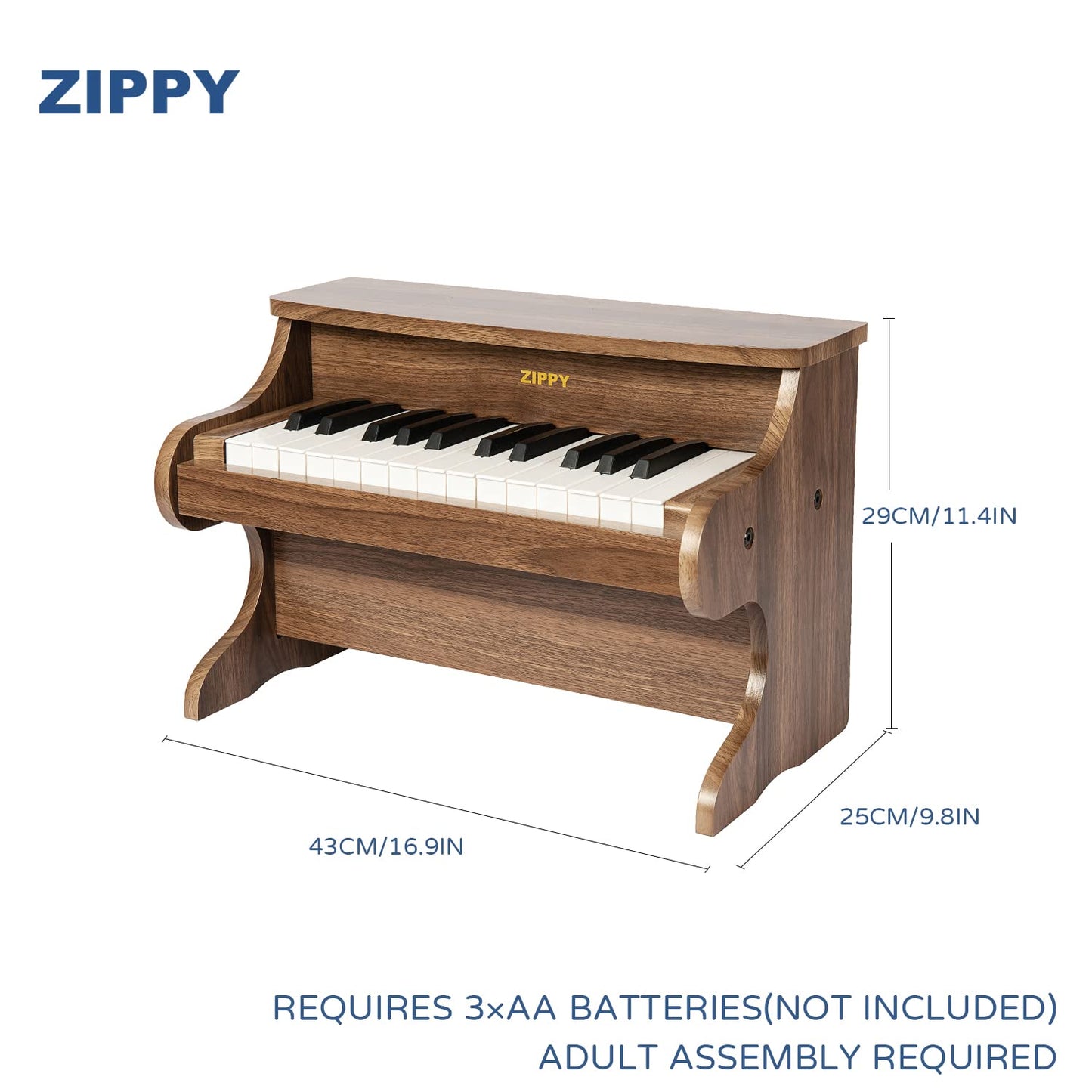 ZIPPY 25 Keys Kids Piano Keyboard - Walnut Digital Piano Toy for Toddlers, Mini Educational Music Instrument for Boys & Girls