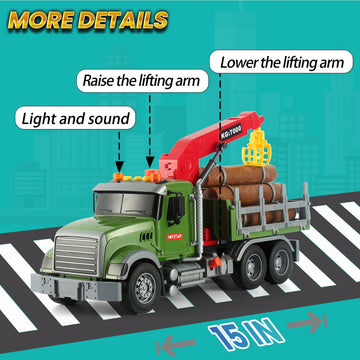 Wenbeier Farm Truck Toy for Kids 15'' Large Timber Truck with Loading Crane and 6 Woods - Log Truck with Sound and Light Gift fo