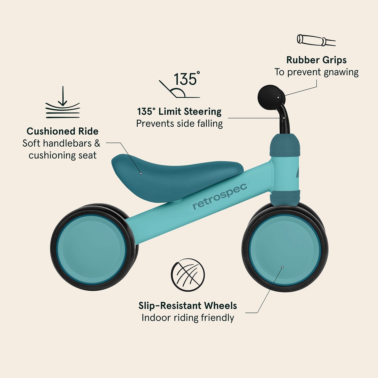 Retrospec Cricket Baby Walker Balance Bike,5.75 Inches, With 4 Wheels For Ages 12-24 Months - Toddler Bicycle Toy For 1 Year Old