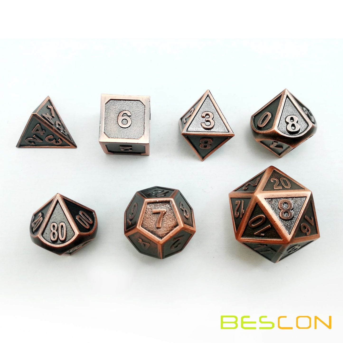 Bescon Antique Copper Solid Metal Polyhedral Dice Set of 7 Copper Metallic RPG Role Playing Game Dice 7pcs Set D4-D20
