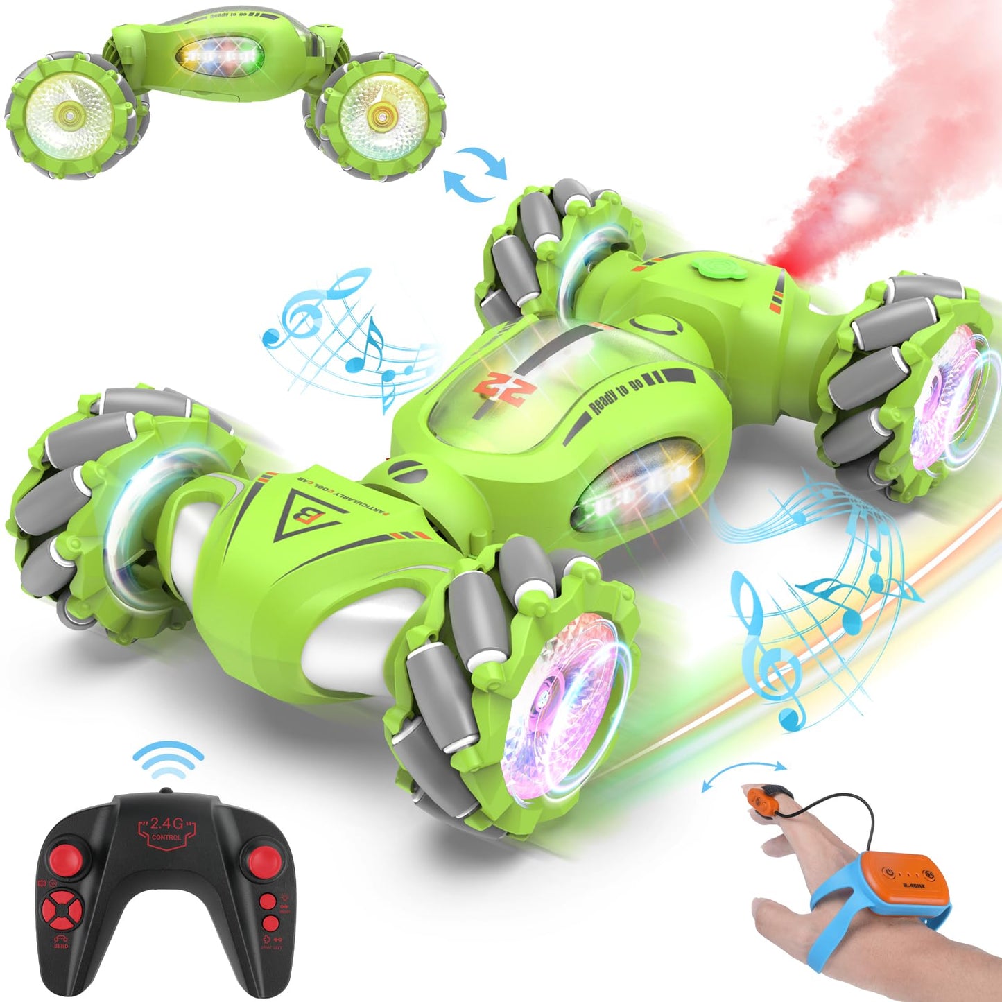 Fosgoit Gesture Sensing RC Stunt Car Toys Gifts for 6-8 8-12 Kids, 2.4Ghz 4WD Hand Controlled RC Car with Light & Music & Spray,