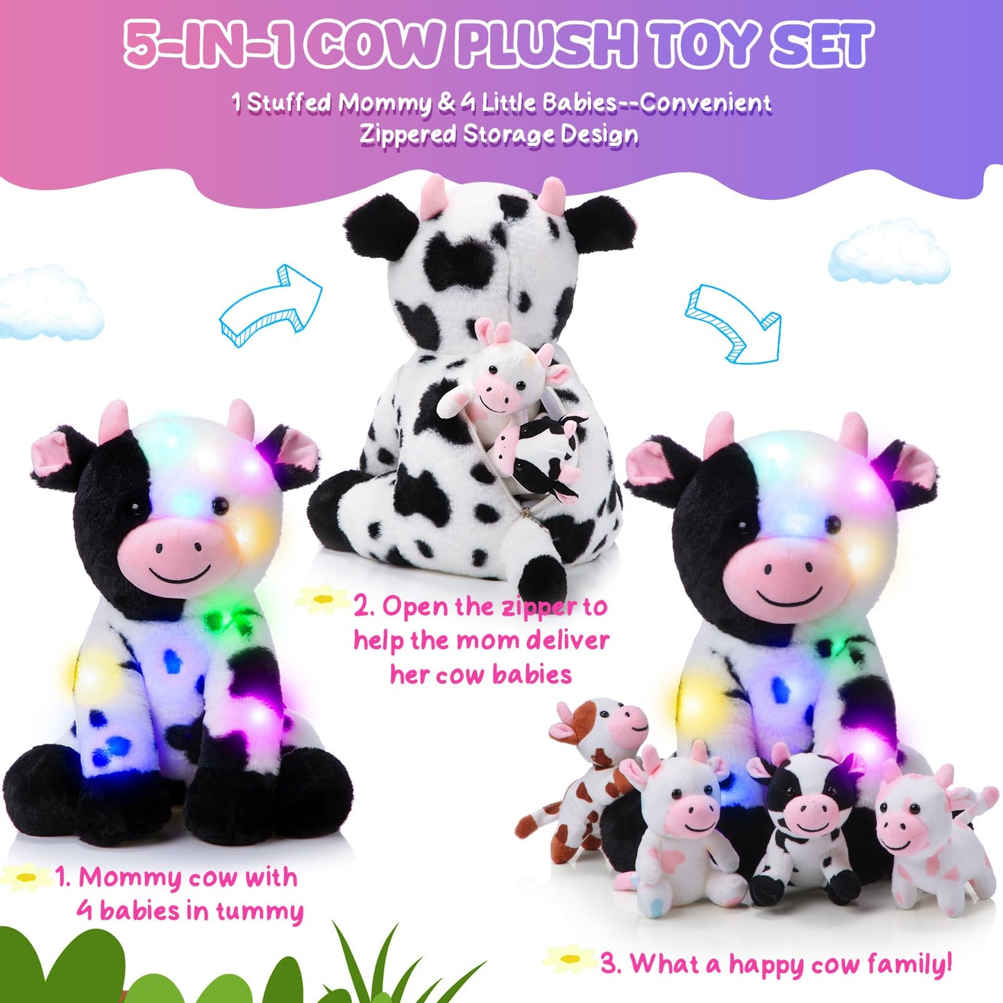 Sumind 5 Pcs Cow Plush Animals Set 13.78 Inch Mommy Cow Stuffed Animal With 4 Baby Cute Calf In Her Tummy Mommy And Small Plush For Baby Shower Boys Girls(Led)