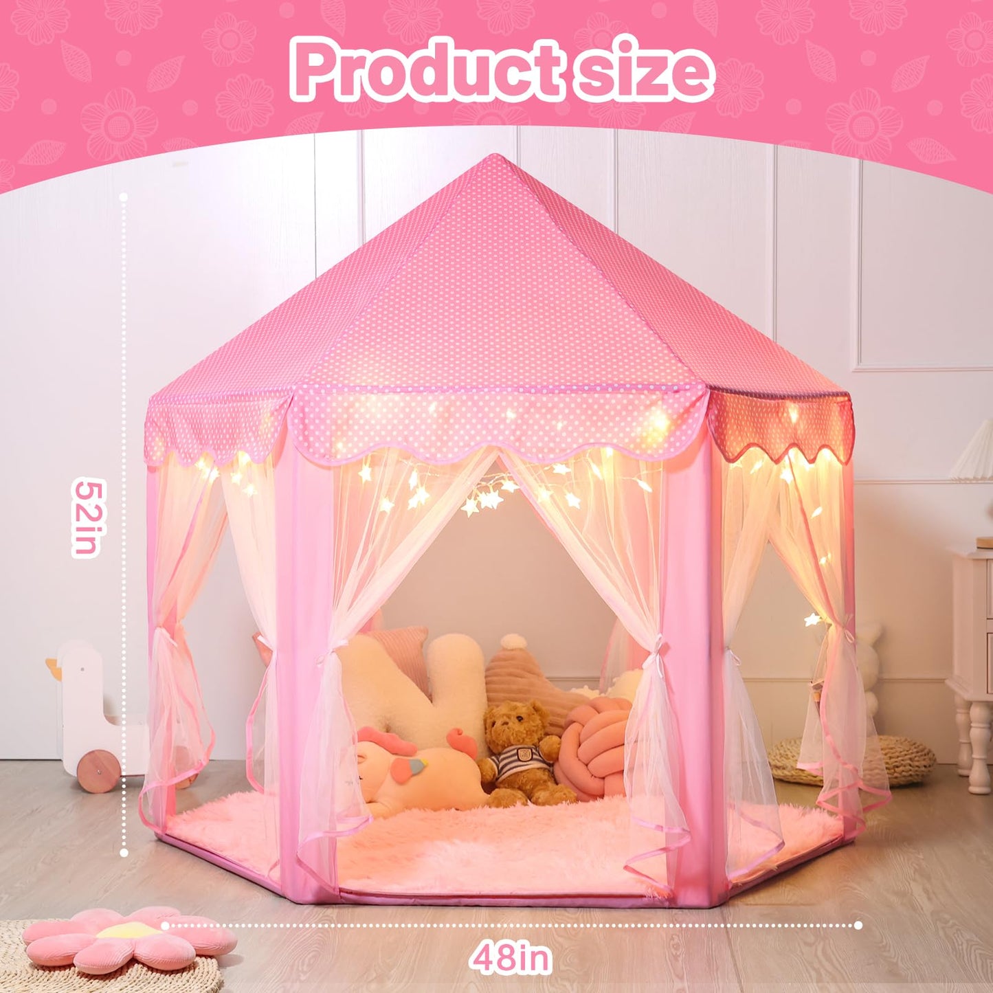 Senodeer Princess Tent For Girls Indoor: With Rug, Star Lights - Pink Play Tent For Kids, Girls Toys For Indoor And Outdoor Games, Princess Castle Playhouse