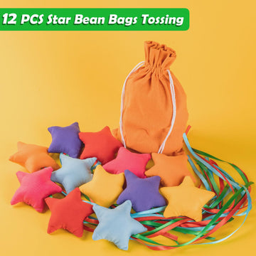 Zebnyya 12Pcs Star Bean Bags Toss For Kids, Nylon Cornhole Bean Bags For Tossing With 1 Carry Bag, Colorful Bean Bag With Ribbon