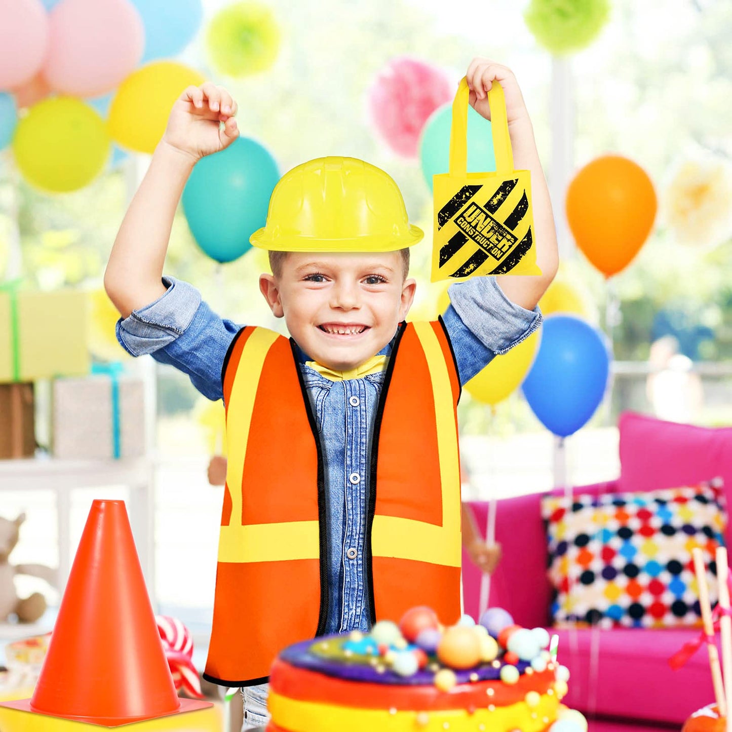 Gejoy 48 Pcs Kids Construction Birthday Party Supplies Worker Costume Role Play Construction Hats And Vests For Kids Tote Bag And Traffic Cones For Dress Up Supplies
