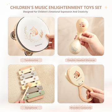 Baby Wooden Montessori Musical Instruments Set For Toddlers - Neutral Colors Percussion Set With Modern Boho Xylophone Tambourin