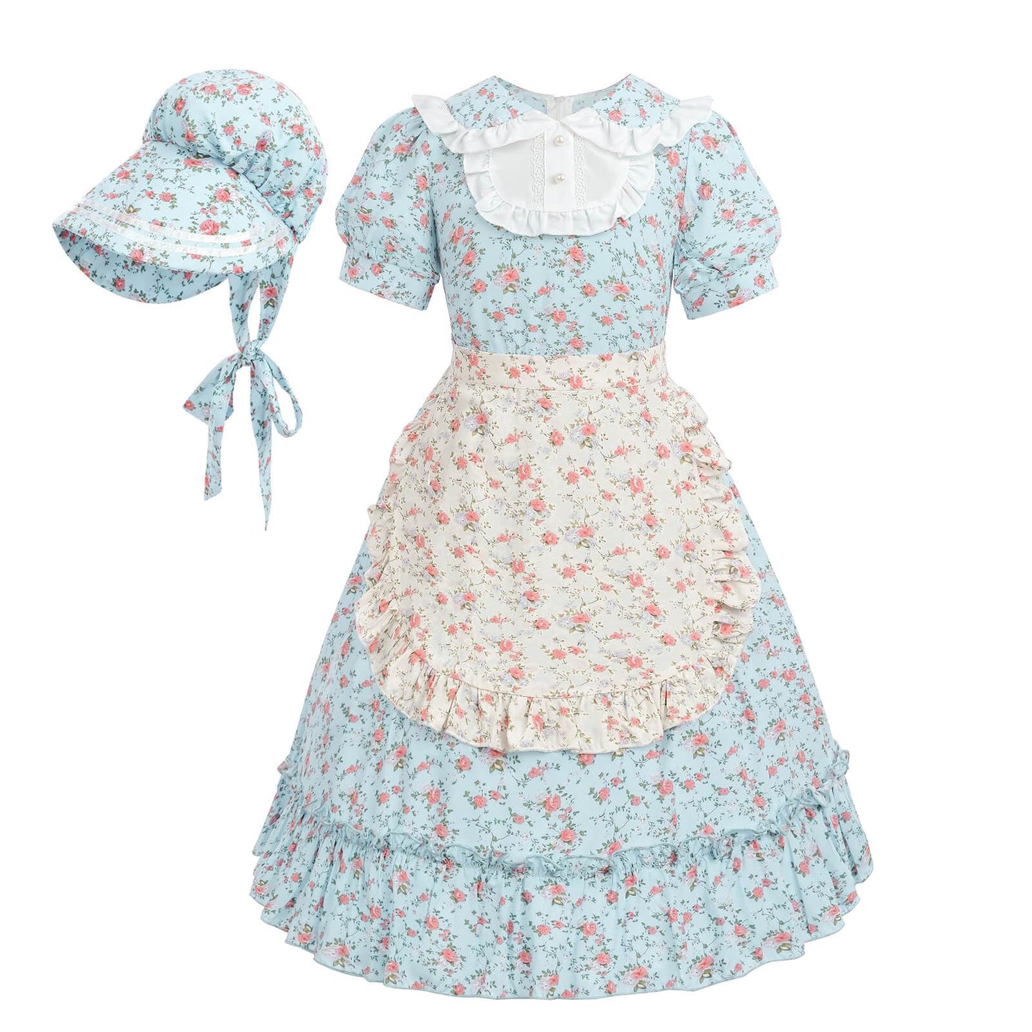Nuoqi Prairie Dresses for Girls, Blue Laura Ingalls Wilder Costume Pioneer Colonial Dress with Apron, 10-12