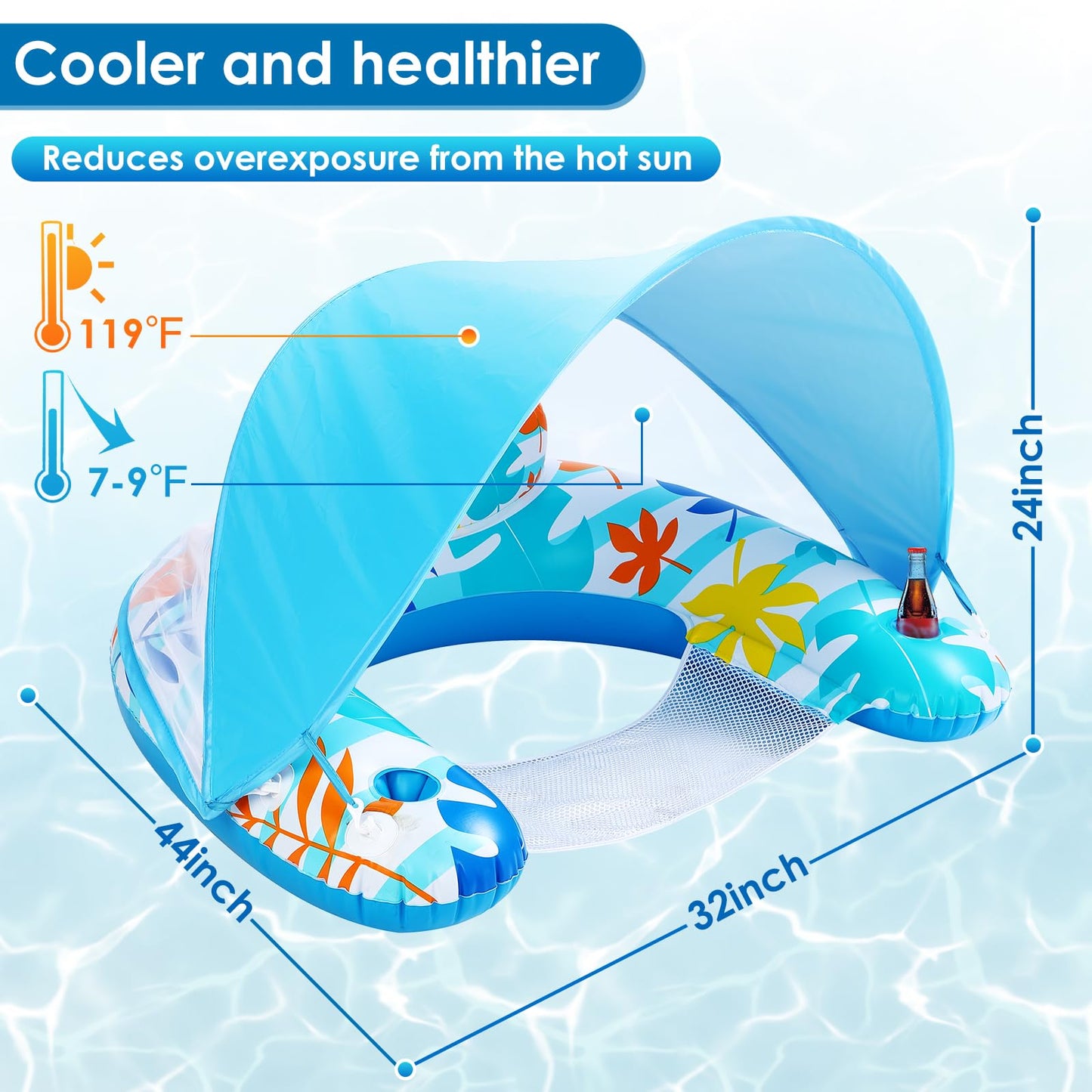 Laycol Adult Inflatable Pool Chair With Canopy, Ergonomic Headrest, Cup Holder, Blue, 47.5' X 37.5' X 27.5'