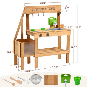 Aoparts Mud Kitchen For Kids Outdoor, Wood Outdoor Kitchen With Planter Box, Toddler Play Kitchen With Sink, Faucet, Blackboard,