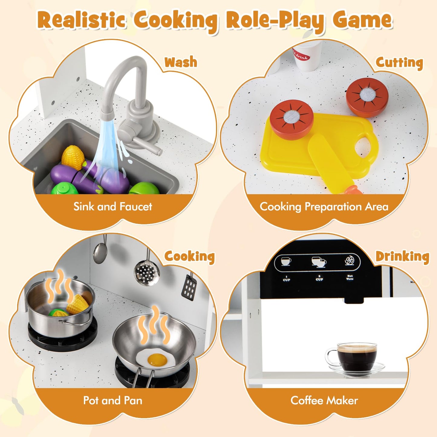 HONEY JOY Corner Kids Kitchen Playset, Wooden Toy Kitchen Set w/Lights & Sounds, Range Hood, Ice Maker & Coffee Maker, Microwave