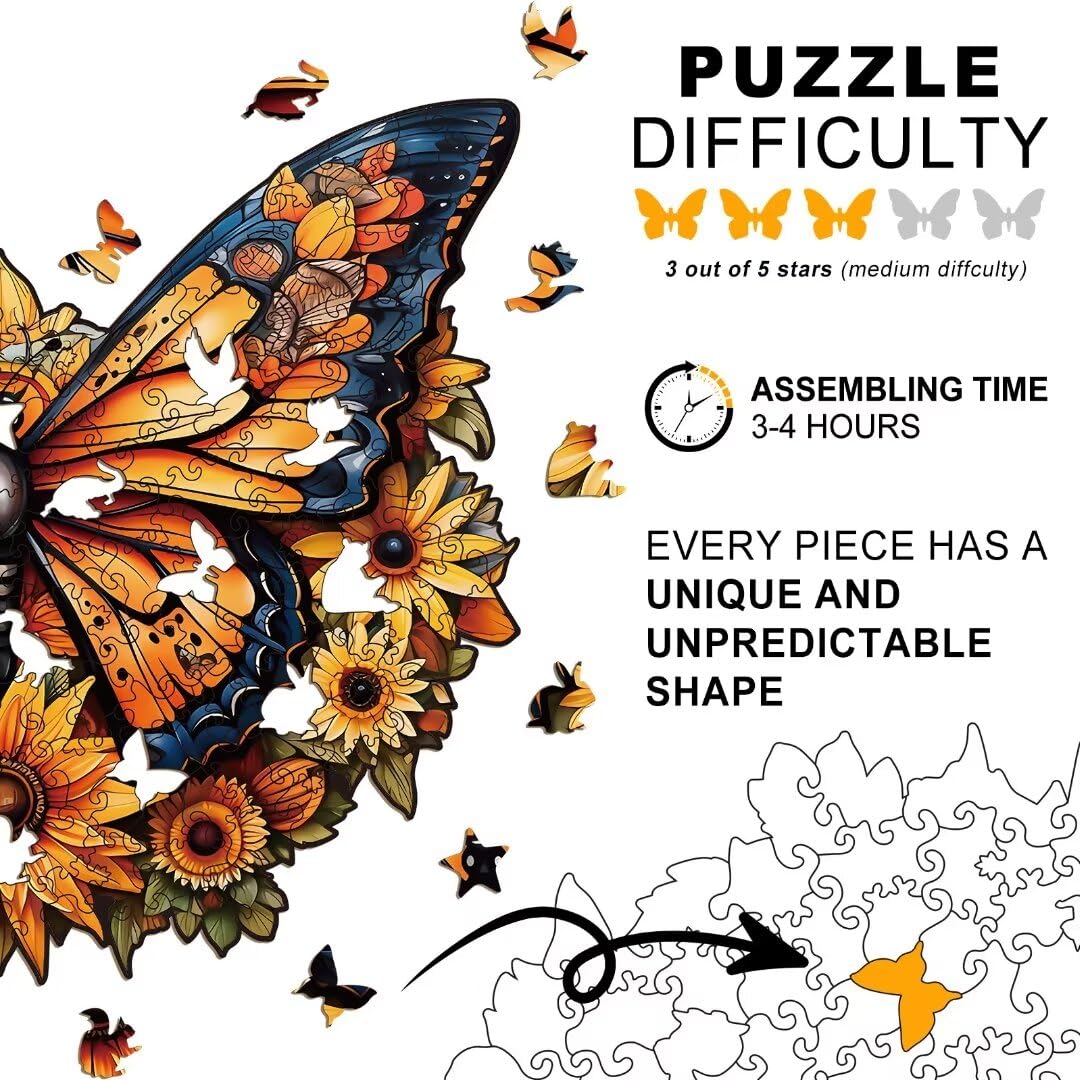 Wooden Puzzles for mature-themeds - 200 Pieces Butterfly Unique Shaped Wooden Jigsaw Puzzles for mature-themeds Medium Size 10'' x 12'' mature-themed Wood Puzzles for Family Friend Game