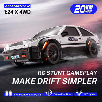 ACAMMZAR RC Drift Car, 1:24 Remote Control Car for Kids, 20KM/H 4WD High Speed RC Cars with LED Lights, Two Batteries, Extra Dri
