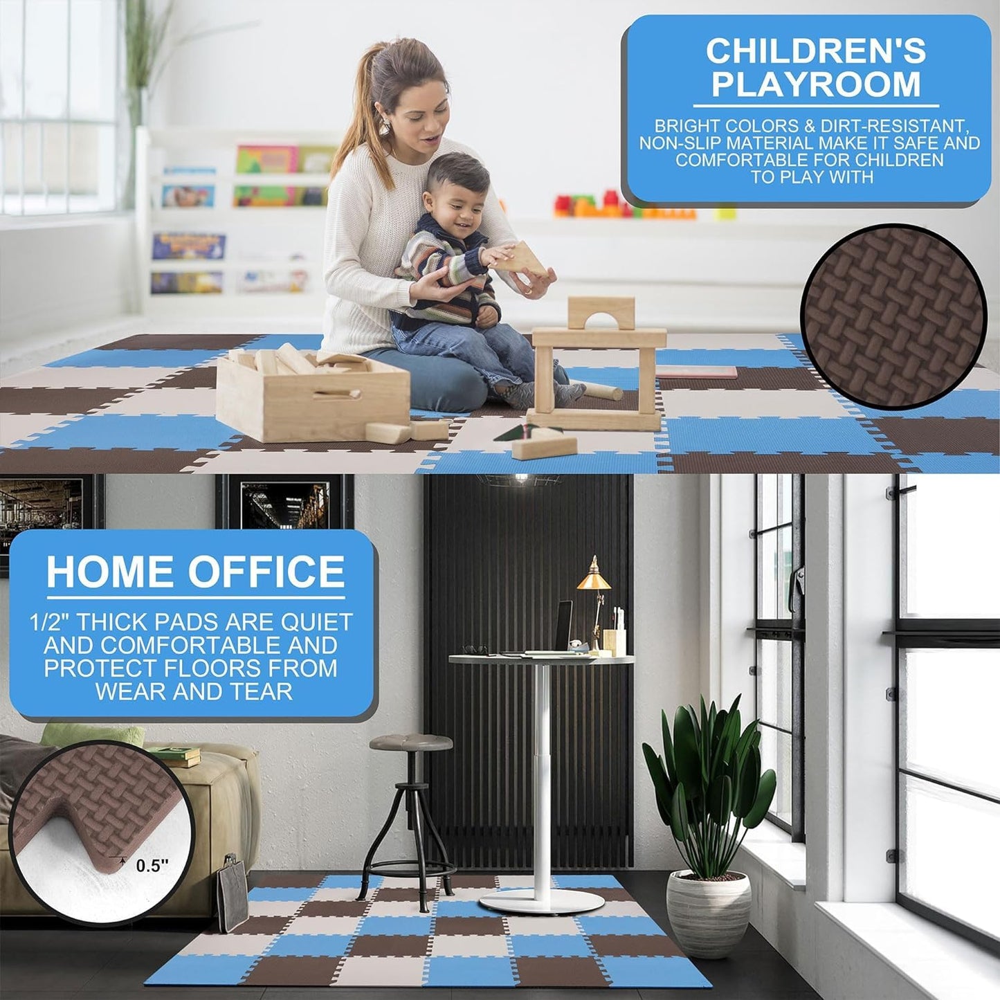 Balancefrom 36 Piece Kids Puzzle Play Mat, Foam Floor Tiles, Blue/Brown/Beige