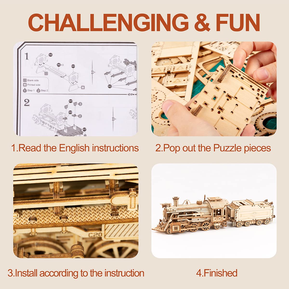 Rowood Model Cars To Build For Adults, 3D Wooden Puzzle For Teens, Scale Mechanical Model Train Building Kits - Prime Steam Express