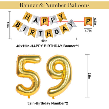 Naninuneno 59Th Gold Birthday Decorations, Gold Black Silver Happy Birthday Balloons Supplies For Boy Men Girl Women, 59 Birthda
