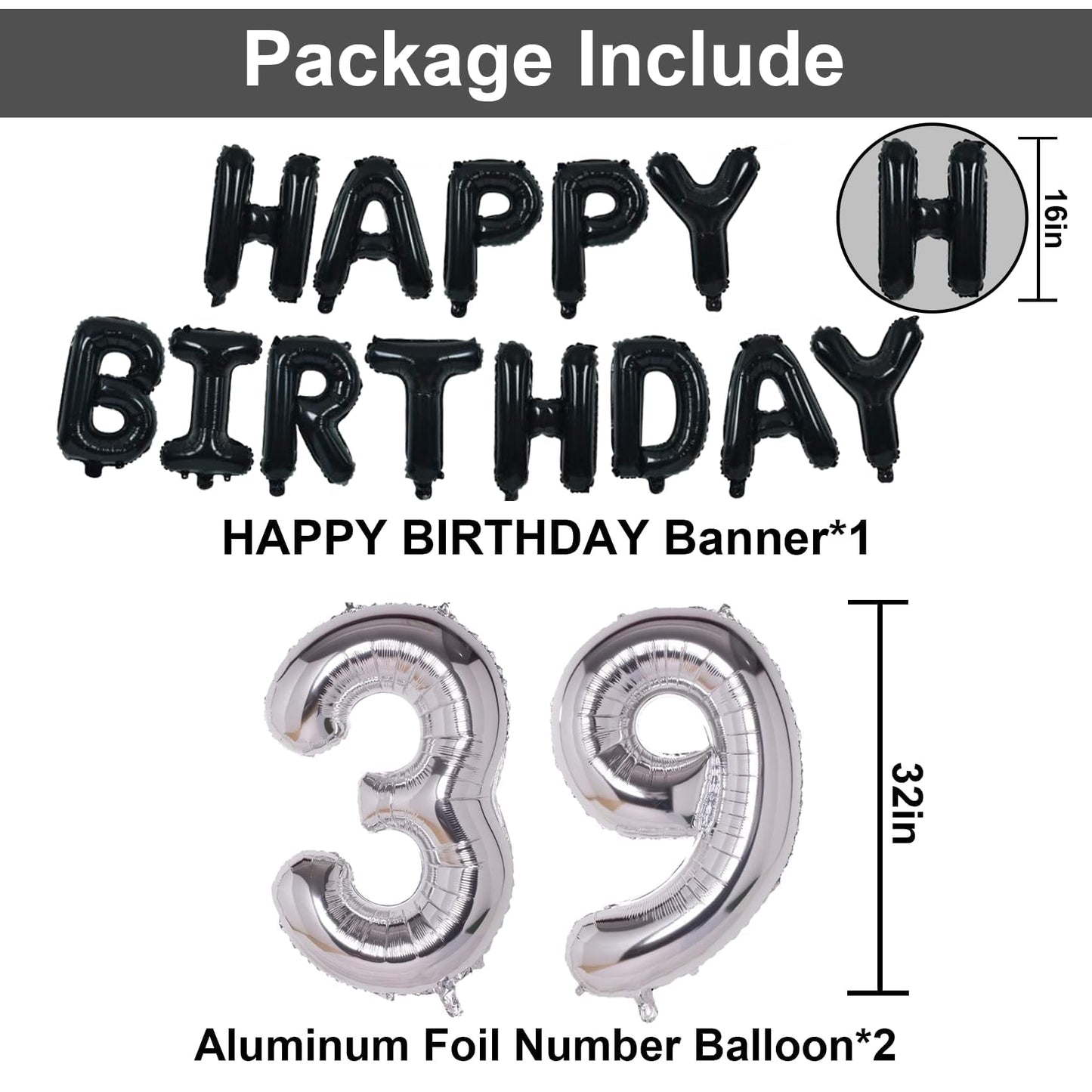 Naninuneno 39Th Black Silver Birthday Party Decorations For Men Women, Happy 39 Birthday Party Supplies With Black Happy Birthda