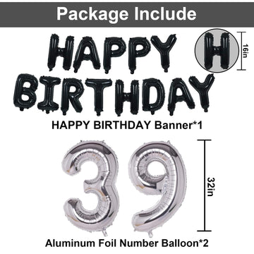 Naninuneno 39Th Black Silver Birthday Party Decorations For Men Women, Happy 39 Birthday Party Supplies With Black Happy Birthda