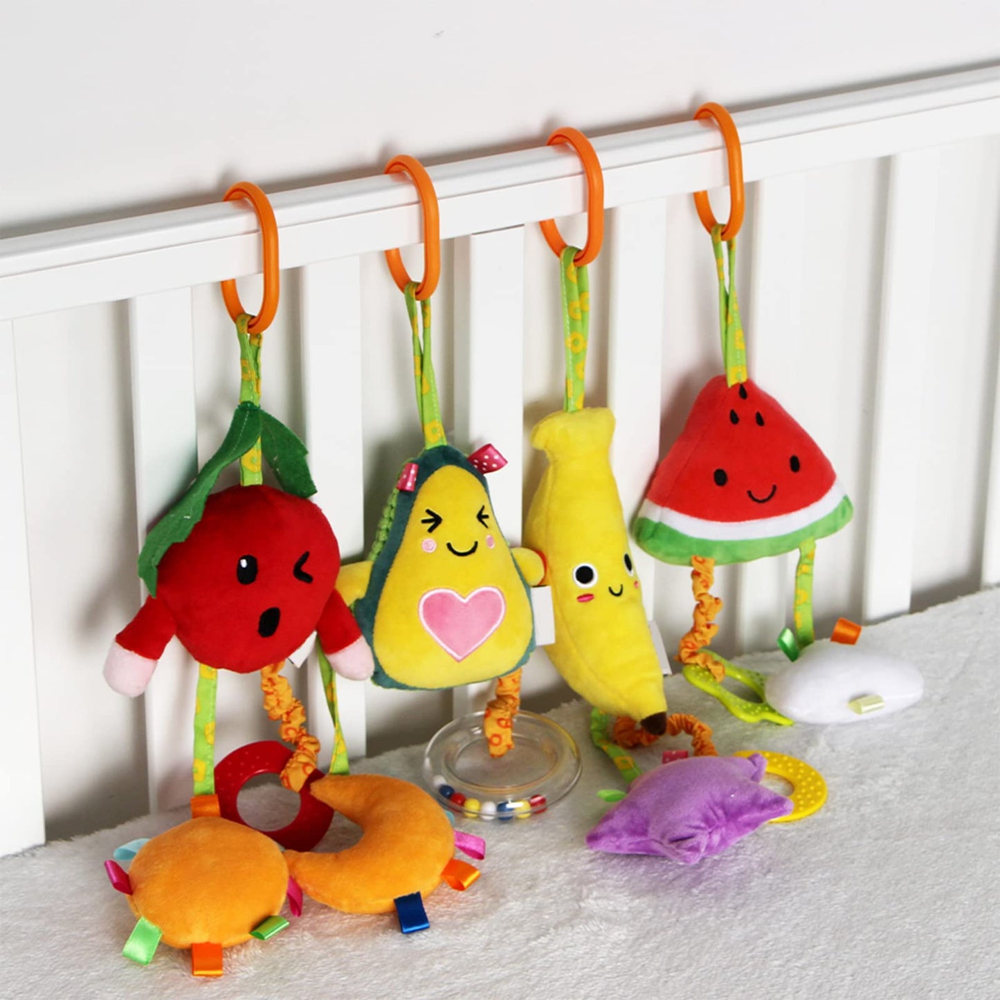 Kakiblin Baby Hanging Toys, 4 Pack Carseat Toys,Early Baby Cognitive Sensory Hanging Bassinet Toys,Soft Hanging Toys For Crib Stroller Baby Gym Mobile Plush Toys,Suitable For Babies 0-12 Months,Fruit