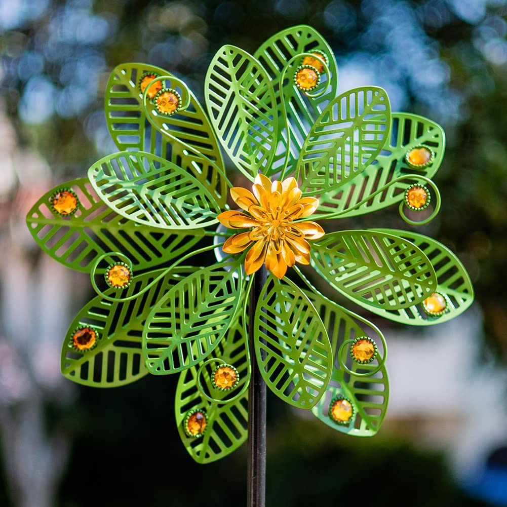 Stargarden Wind Spinner Outdoor, 58 Inch Metal Wind Sculpture Hollowed-Out Leaf Design Pinwheels for Yard and Garden