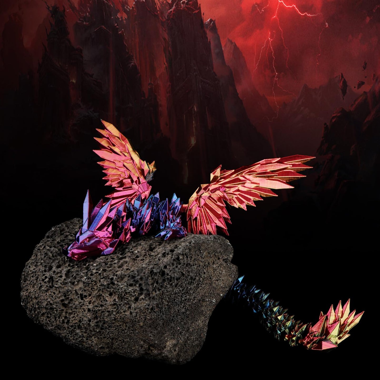Sumland 3D Printed Dragon With Wings Flying Dragon,Rainbow Crystal Wing Dragon Fidget Toys, Articulated 3D Printed Dragon,Red Ye