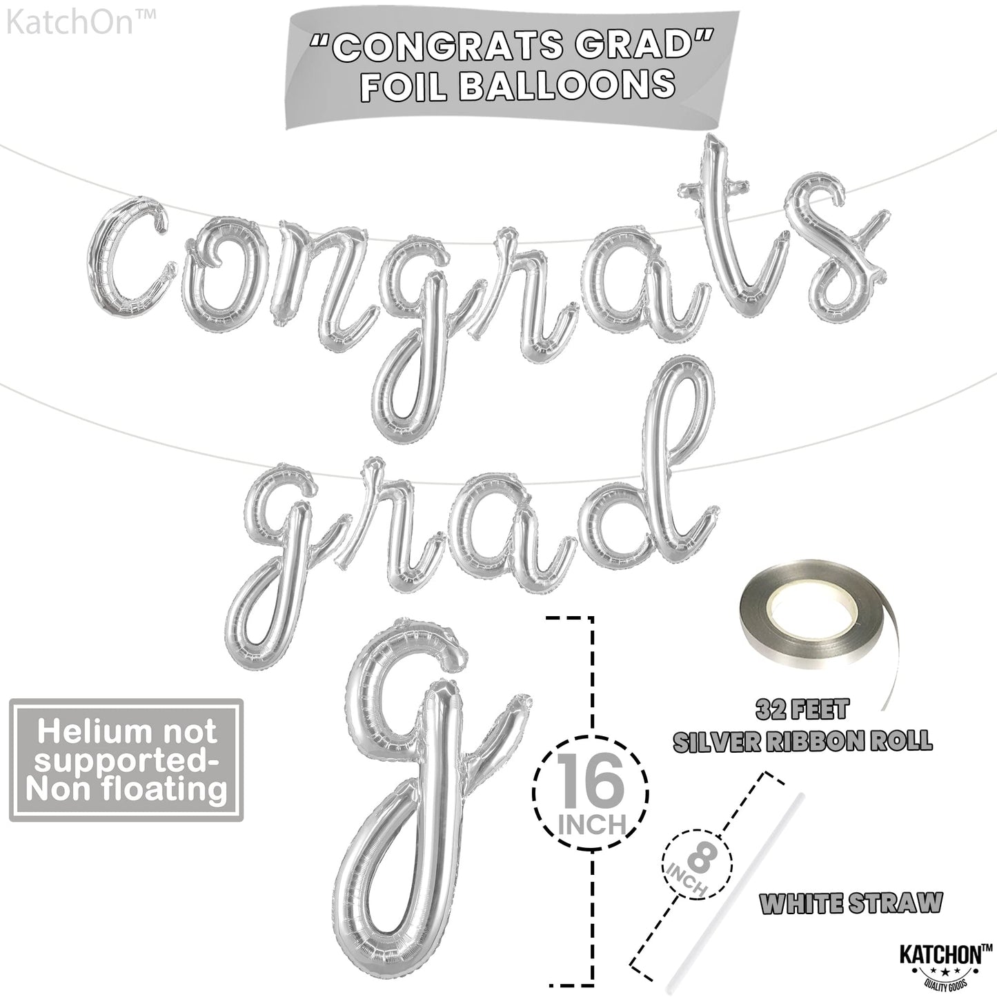 Katchon, Silver Congrats Grad Balloons - Script, 16 Inch | Congratulations Balloons For Graduation Decorations Class Of 2025