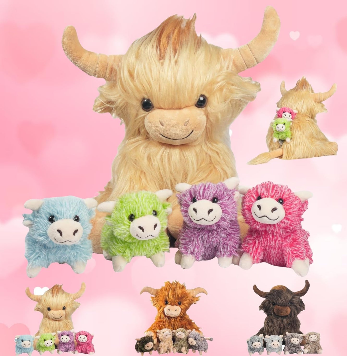 Valentines Day Stuffed Animals Plush Highland Cow Gifts For Kids - 5 Pcs Highland Cow Stuffed Animals With Babies Set, 14'' Momm