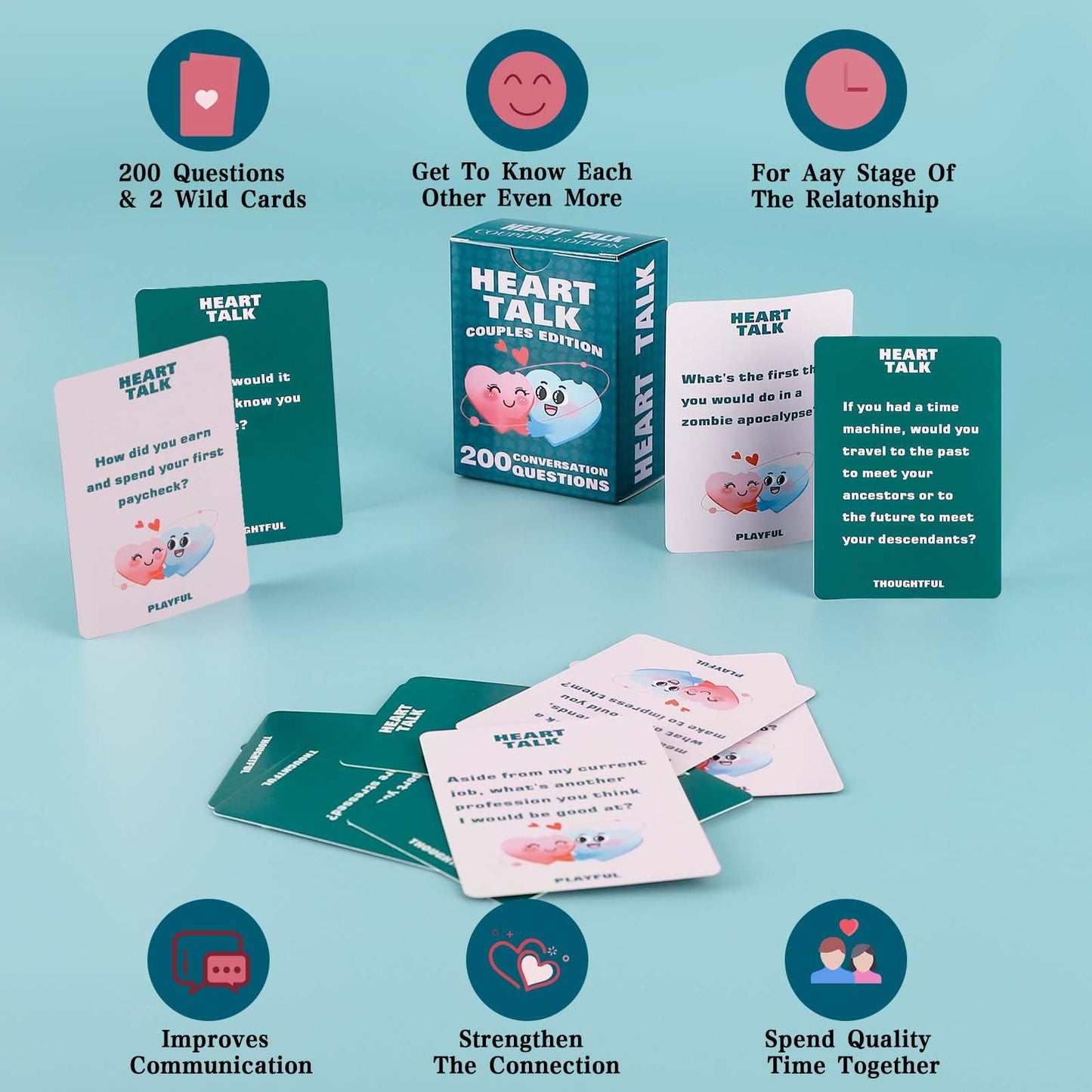 NexUap Conversation Cards for Couples - 200 Questions & 2 Wild Cards, Green Paper Game for Date Nights & Travel Adventures