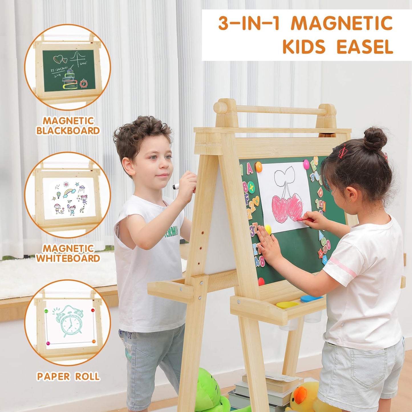 Juzbot Easel For Kids Deluxe Foldable All-In-1 Toddler Easel With Paper Roll& 84Pcs Accessories Magnetic Chalk-Whiteboard Art Ea