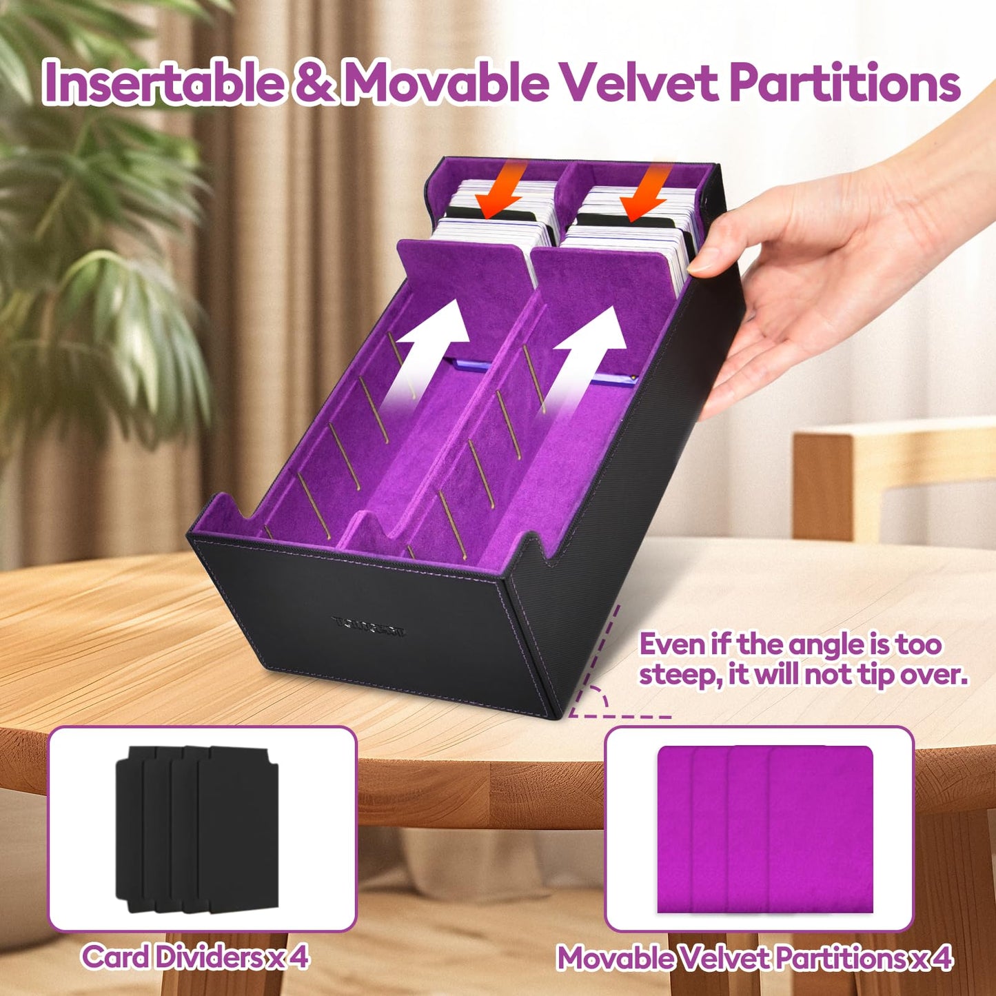 Tombert Premium Card Storage Box For Mtg Ptcg, Large Capacity With 4 Dividers And 4 Insertable Cards, 1600+ Pu Leather Commander Card Deck Case, Magnetic Closure Card Holder (Black&Purple)