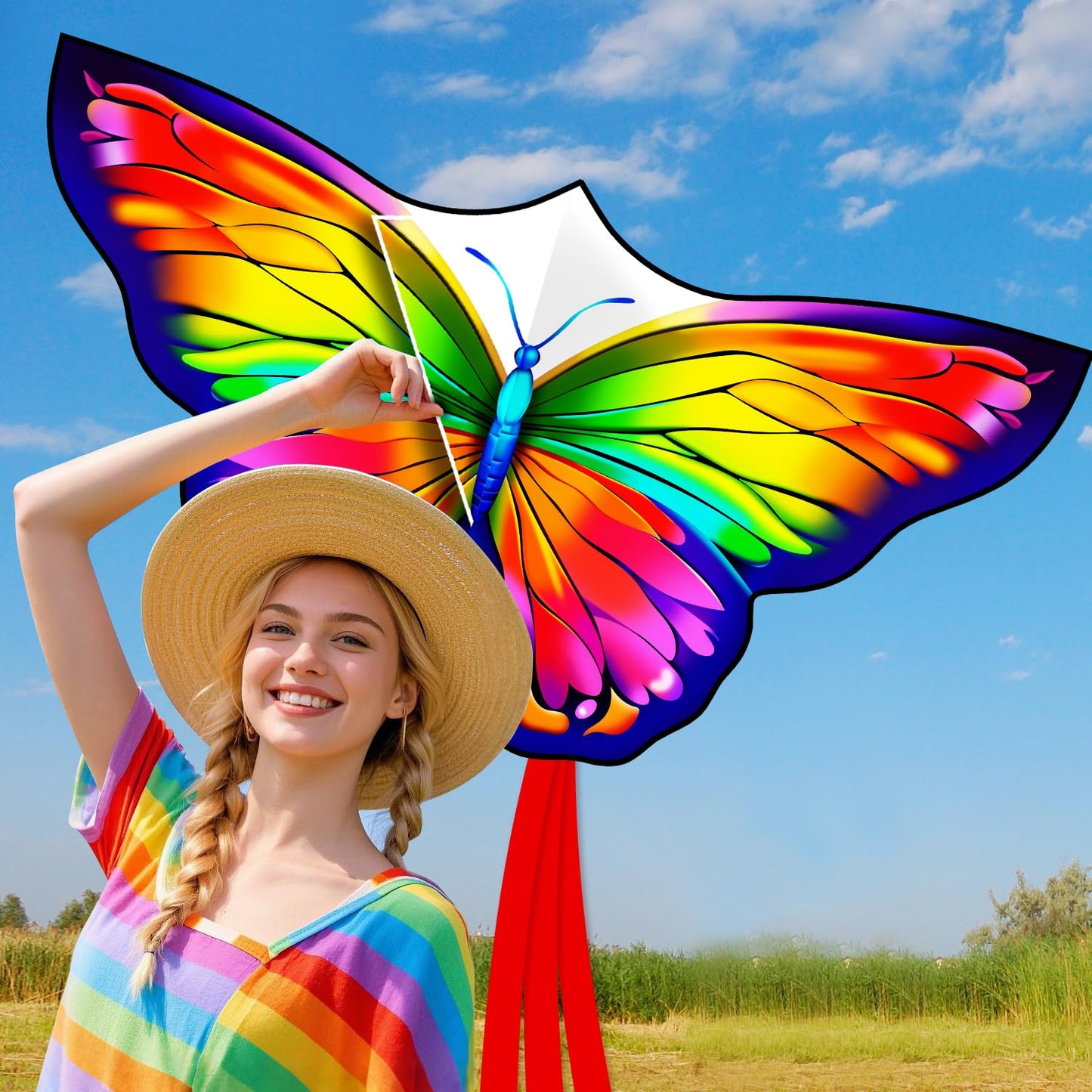 Butterfly Kites for Kids & Adults - Rainbow Color Easter Kites for Outdoor Family Fun, Includes Kite String & Carry Bag, Perfect