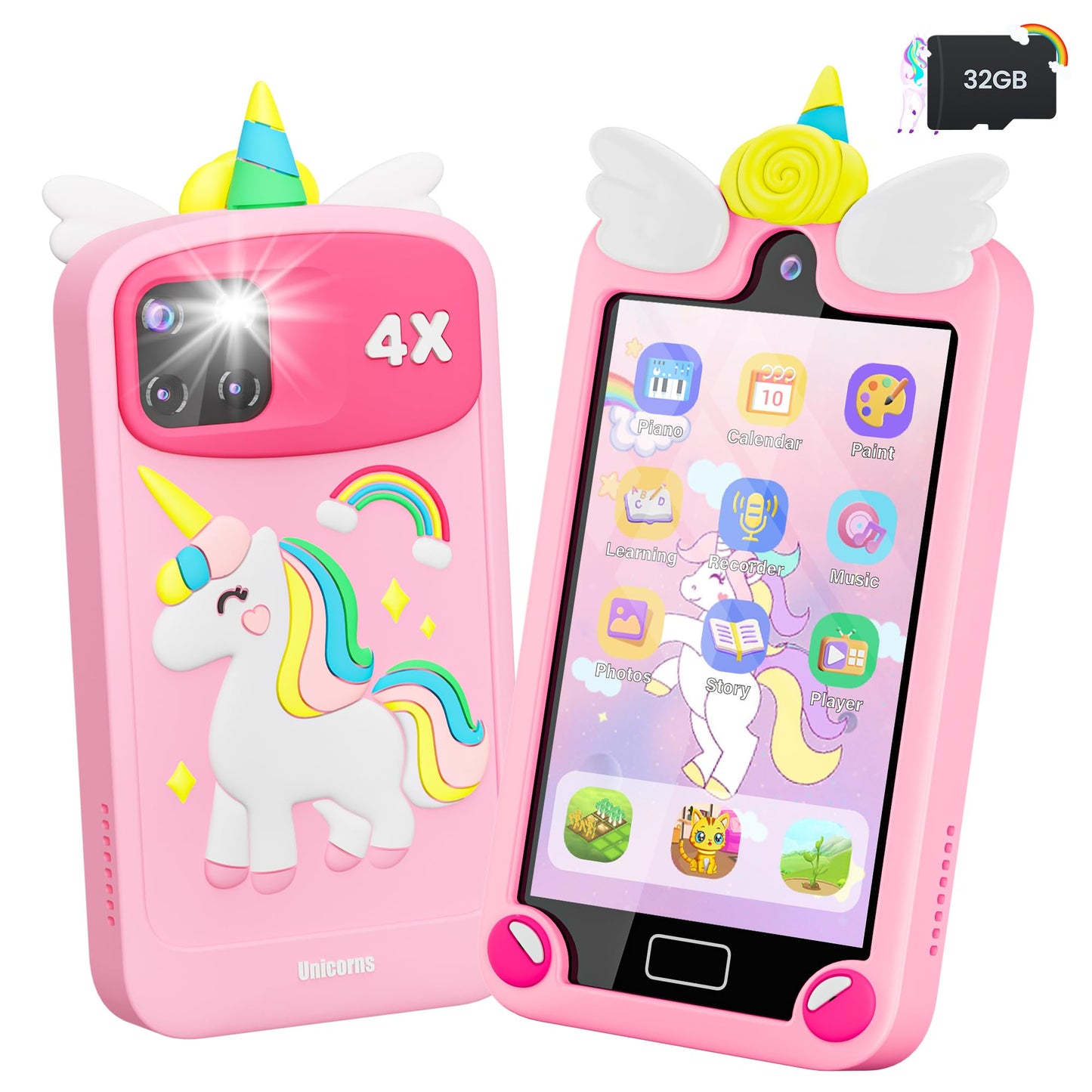 Kids Smart Phone for Girls with 4.0'' Large Touchscreen, 32G Card Christmas Birthday Gifts for Age 3-10 Kid Toys Cell Phone with