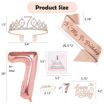 7th Birthday Decorations for Girls, Including 7 year old Birthday Cake Topper, Birthday Queen Sash with Pearl Pin, Sweet Rhinest