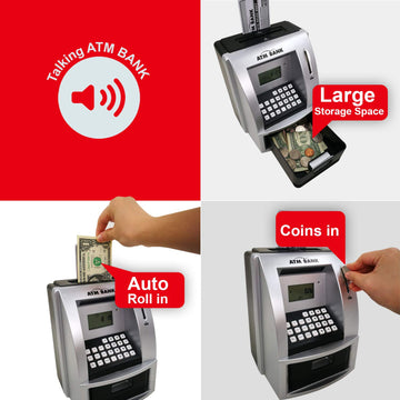Toy Talking ATM Bank ATM Machine Savings Bank for Kids -Works like a Real one- Deposit, Withdraw, Debit Card, Saving Target, Tim