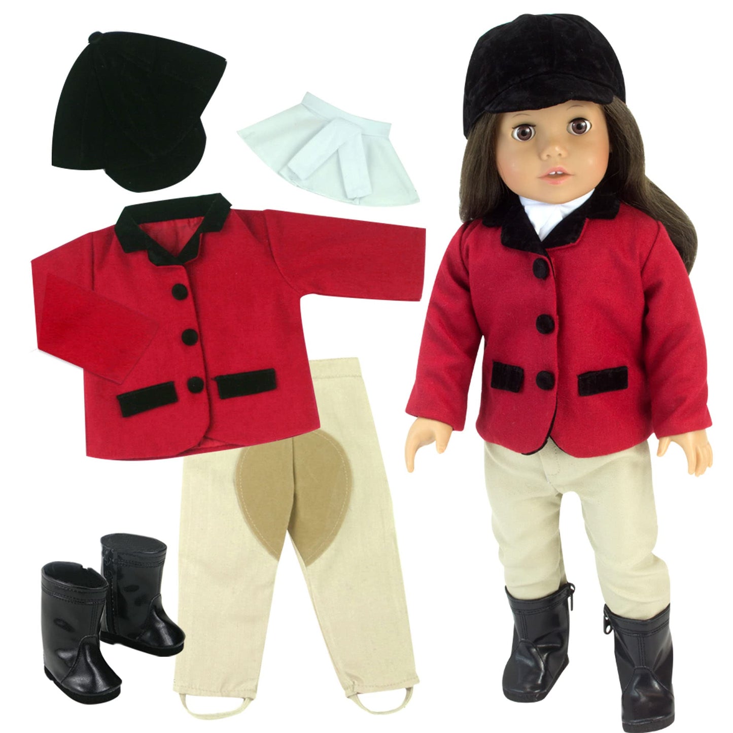 Sophia'S 18' Doll 5 Pc. Equestrian Outfit With Red Riding Jacket, White Dickie Blouse, Tan Jodhpurs Pants, Black Cap And Boots