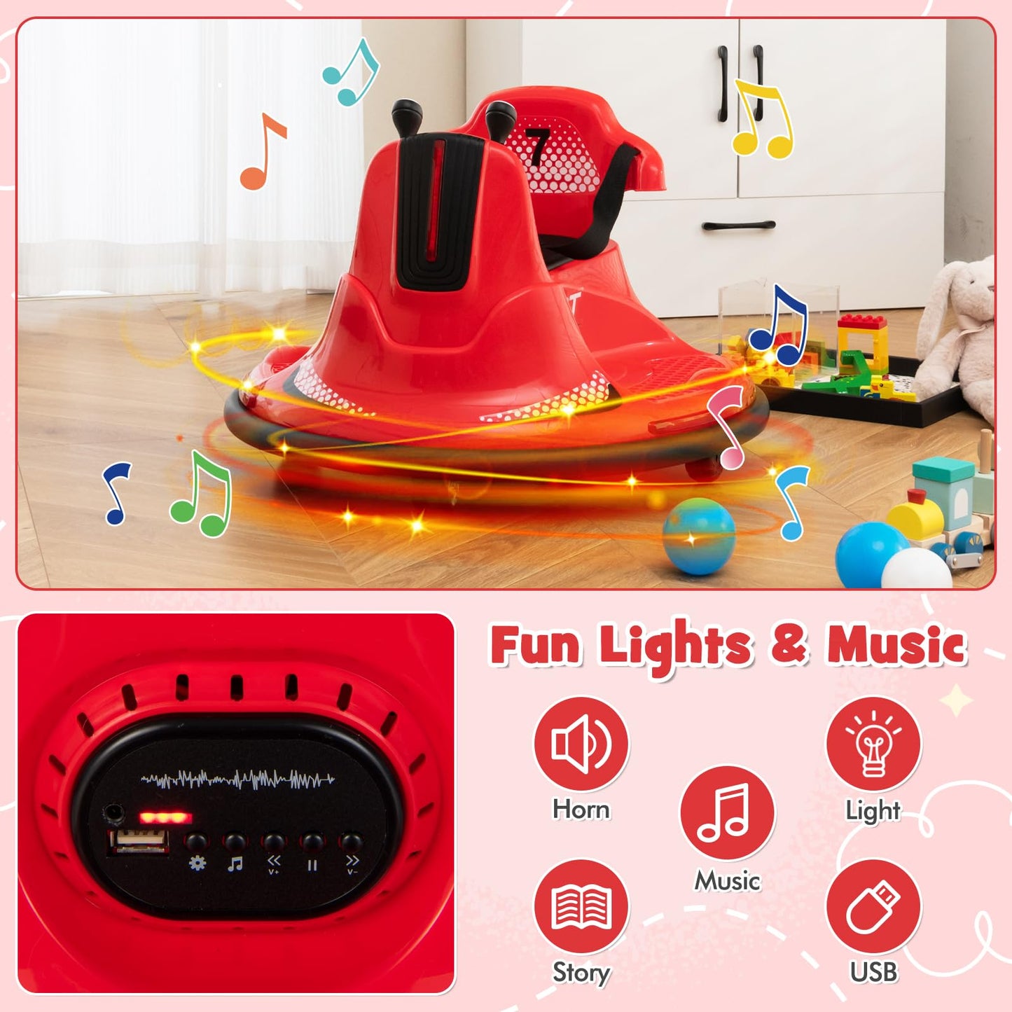Costzon 12V Kids Ride On Bumper Car, Electric Bumper Car W/Dual Joysticks, Remote Control, 360° Spin, Slow Start Function, Led Lights & Fun Music, Adjustable Safety Belt, Soft Bumper (Red)