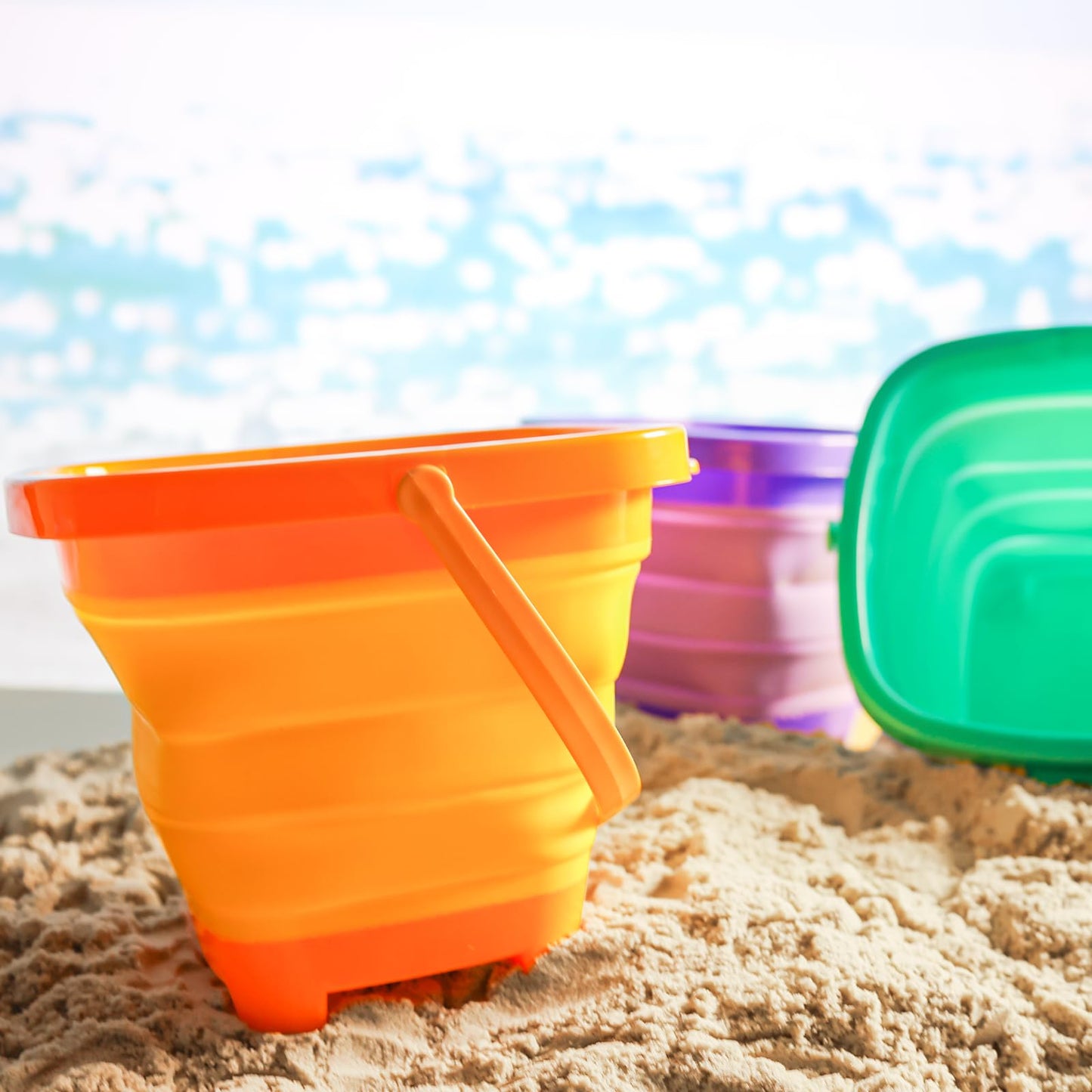 Shindel 3PCS Foldable Buckets, Colorful Foldable Beach Bucket Collapsible Sand Bucket Water Bucket for Beach Fun Summer Vacation