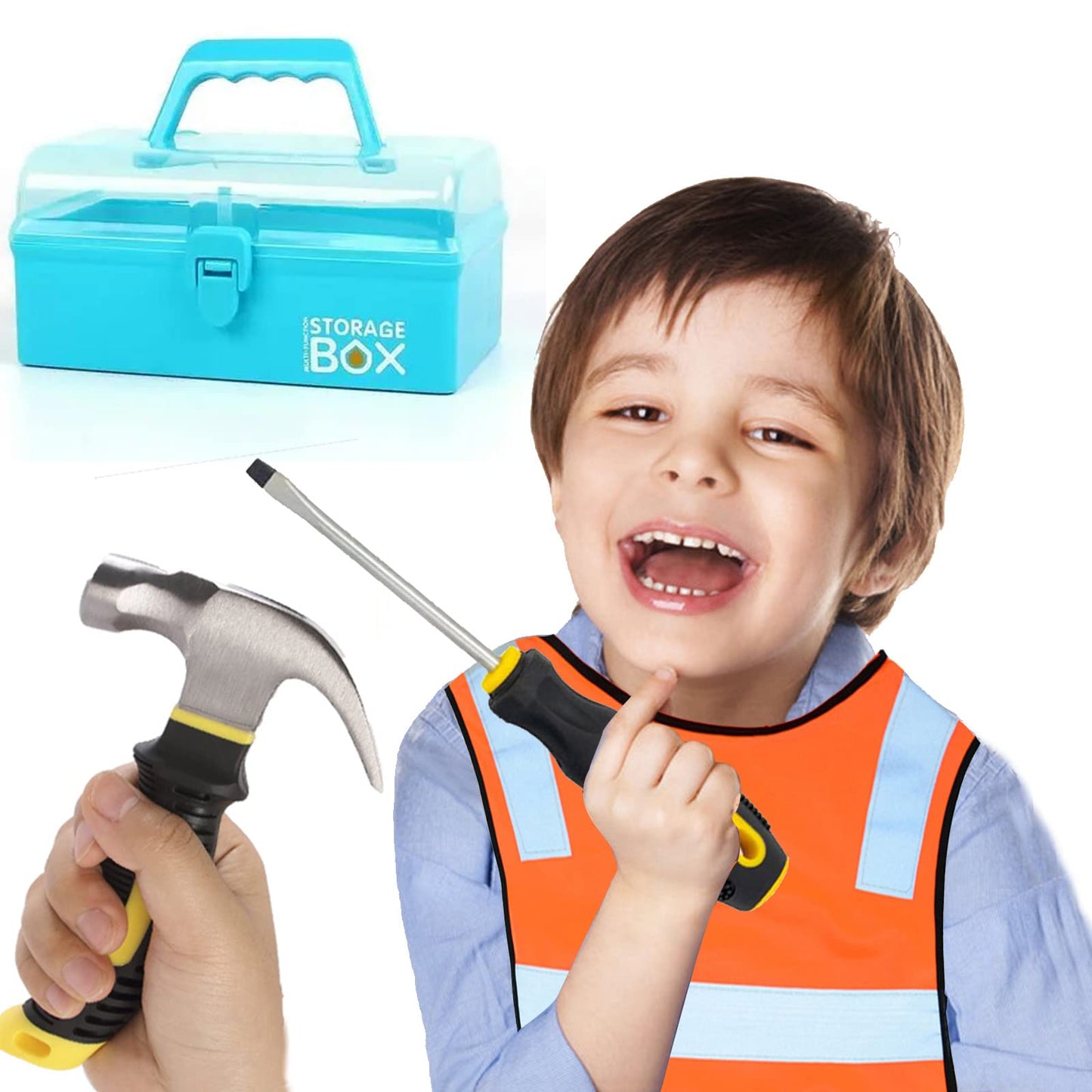 QeeHeng Kids Real Tool Set - 20Pcs Construction Tool with Blue Toolbox and Protective Clothing, Woodworking Tool Set for Beginne