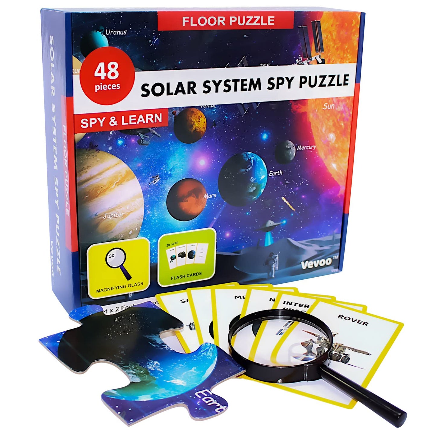 Solar System Spy Puzzle With Flashcards And Magnifying Glass 2Ft X 3Ft - Large 48 Piece Space Floor Puzzle For Kids Ages 4-8 Yea